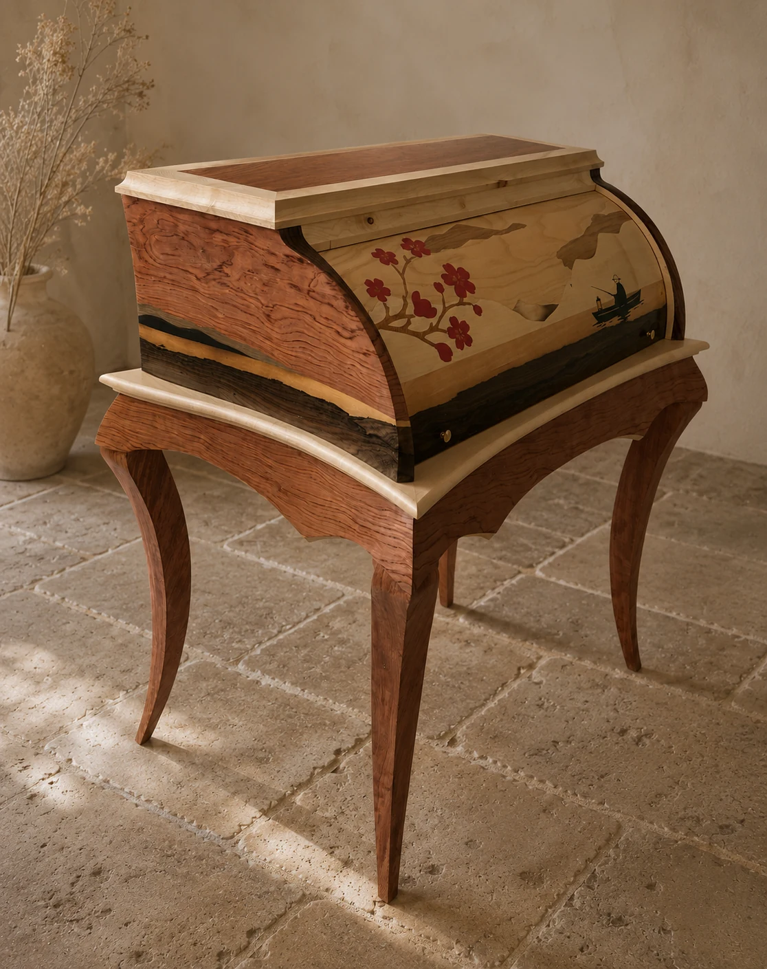 Bureau cylindre marqueté mis en scène sur un sol ancien en pierre de Bourgogne