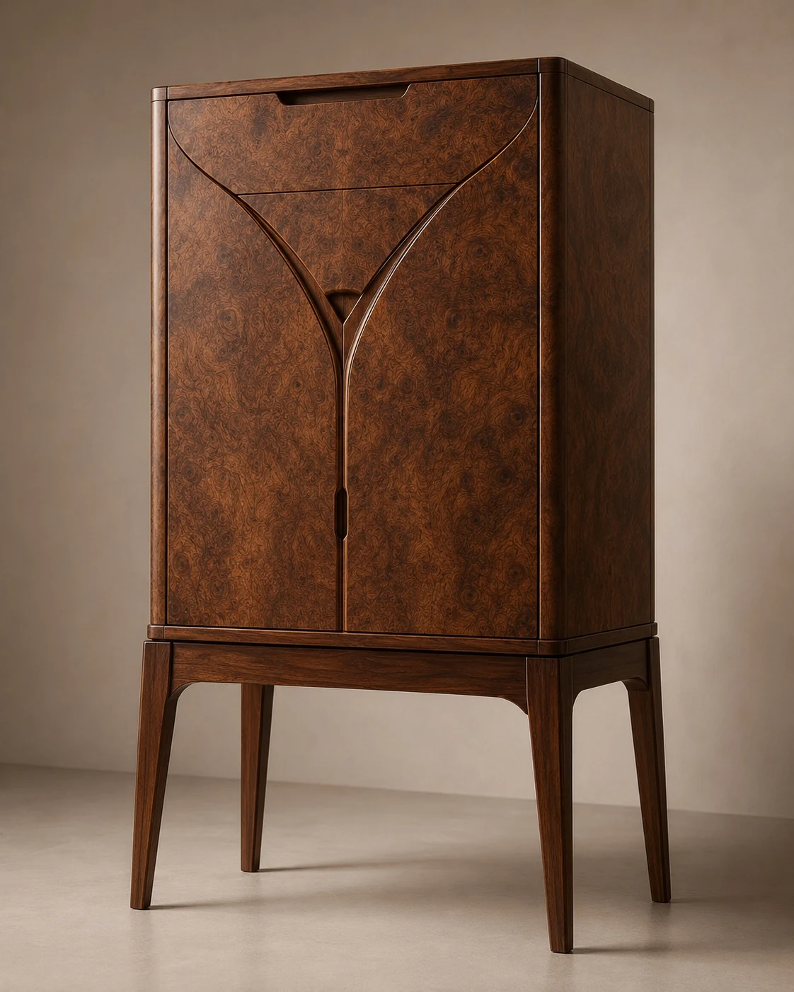 Tall burr-wood cabinet with organic shaped lines