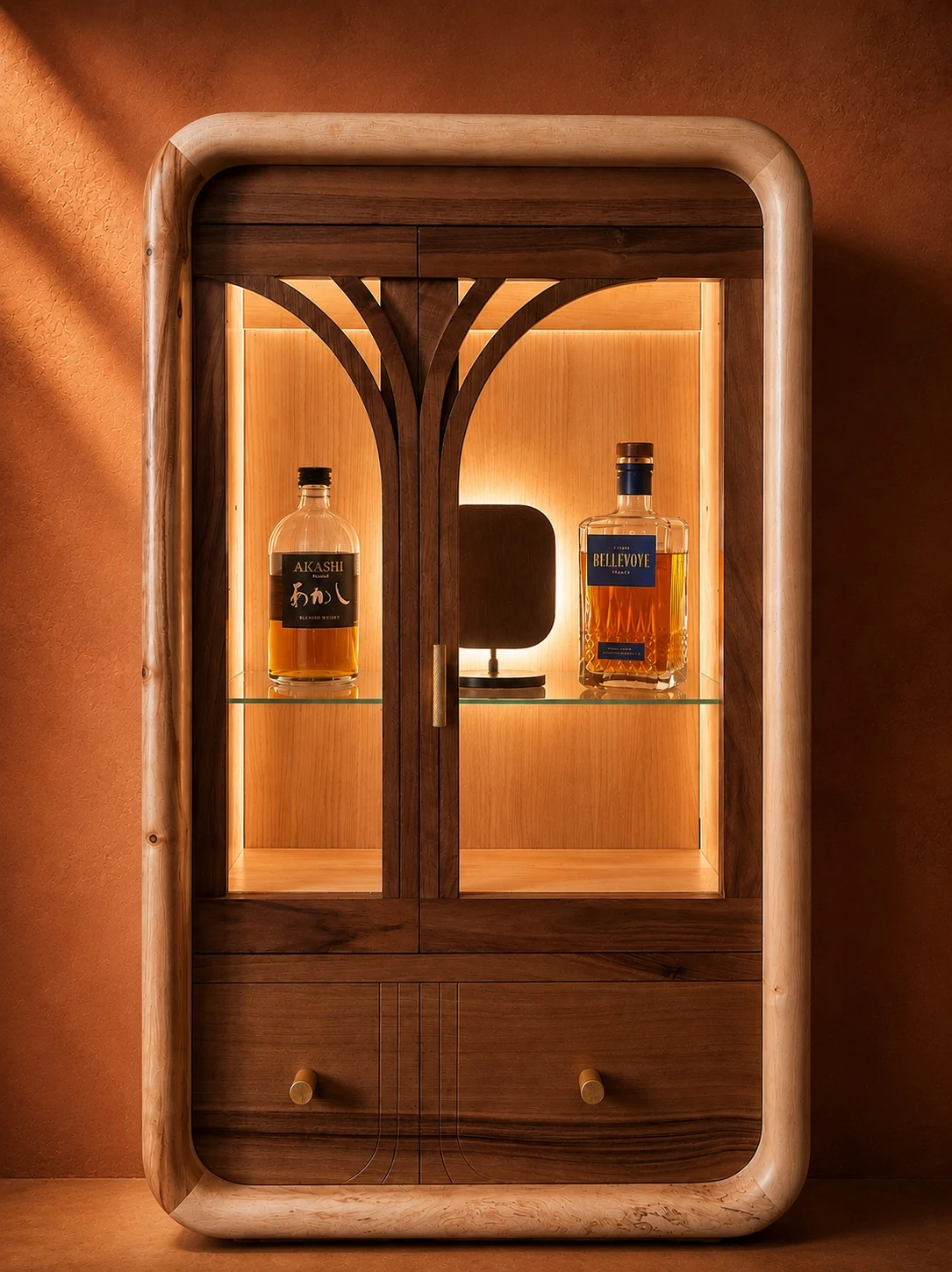 Illuminated display cabinet with strongly rounded pale-wood frame