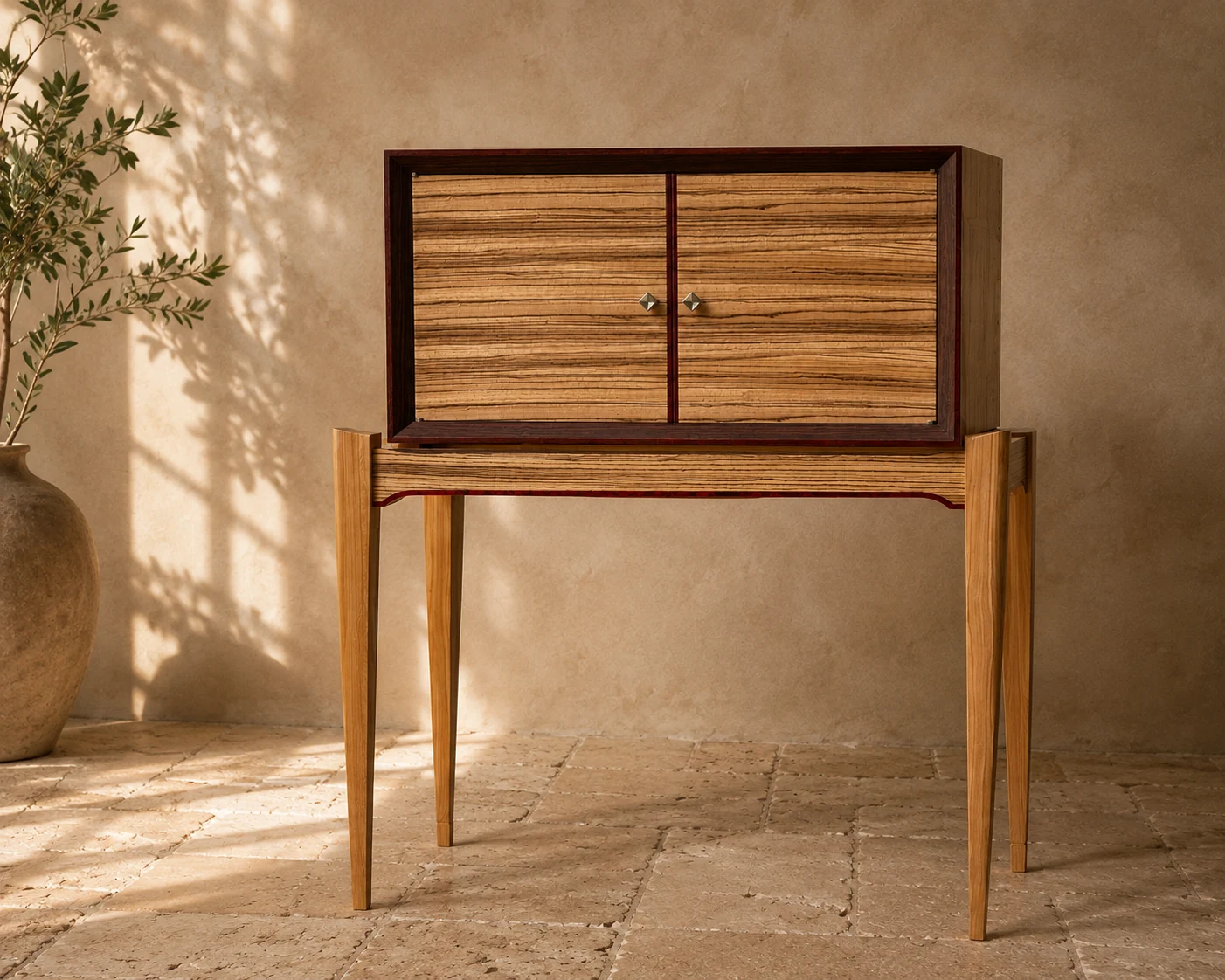 Zebrano cabinet on a slender stand, staged on Burgundy stone